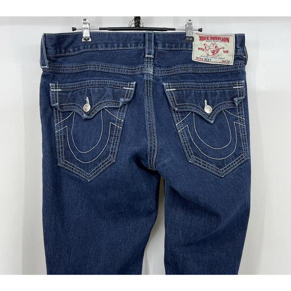 True Religion Size 36 x 31 Ricky Straight Leg Jeans Body Rinse Back Flap pockets